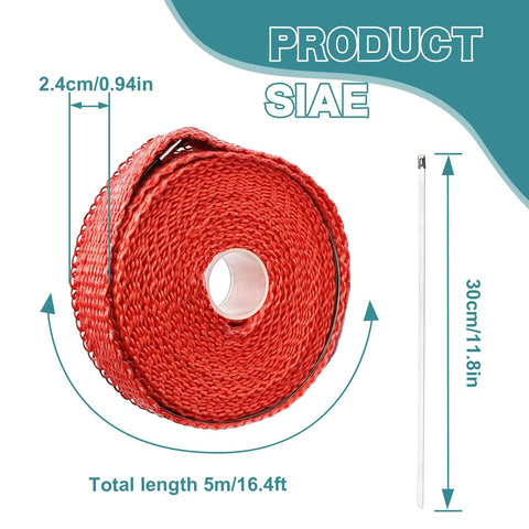 Badass Titanium Fiberglass Exhaust Heat Wrap 16 4 Ft Thermal Insulation For Cars Trucks And Motorcycle Engines Handles 2000 Degrees With Beefed Up Steel Cables In Red roll showing dimensions and length.