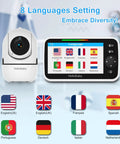 Seriously Solid No Wifi Baby Monitor Camera And Audio With Super Crisp Five Inch Screen showing languages screen and camera.