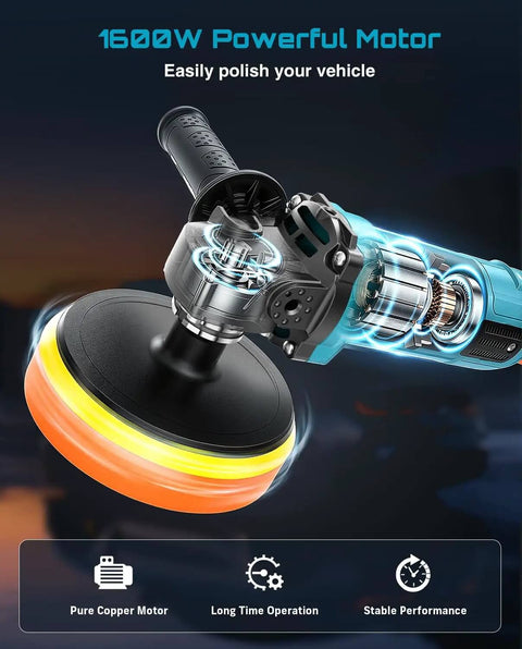 Powerful 1600W Rotary Buffer Polisher with Copper Motor, 7 Inch and 6 Inch Heads, close-up view