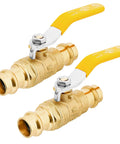 Angled front view of a 2-pack 1/2-inch brass ball valves with yellow handles for copper ProPress fittings (lead-free)