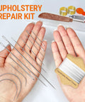 Front view: upholstery repair kit with white waxed thread on spool and 11 heavy-duty needles for leather, canvas, and quilting