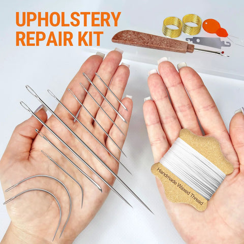 Front view: upholstery repair kit with white waxed thread on spool and 11 heavy-duty needles for leather, canvas, and quilting