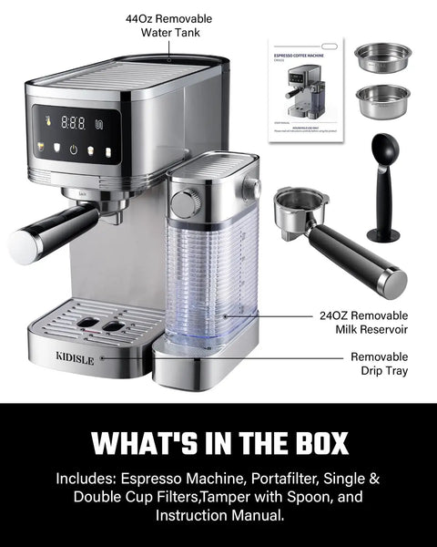 Kickstart Your Day Grind With This 20 Bar Espresso Machine Featuring Auto Milk Frother Smart Touchscreen And Sleek Steel Build for brewing espresso with included accessories.