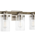 Farmhouse Vanity Light With Seeded Glass Cylinders, Three Light Fixture In Reclaimed Oak Wood And Brushed Nickel Finish, Up Mount, 22 Inch