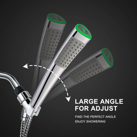 LED Temperature Display Handheld Shower Head With Water Powered Fahrenheit Readout No Battery Needed; adjustable angle view