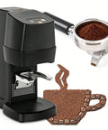 Auto Detect Espresso Coffee Tamper Knock Out Consistent Pulls In Two Seconds Flat With Adjustable Nine To Thirty Kilogram Push Designed For Fifty Eight Millimeter Baskets Quick On The Draw Black with portafilter and ground coffee.