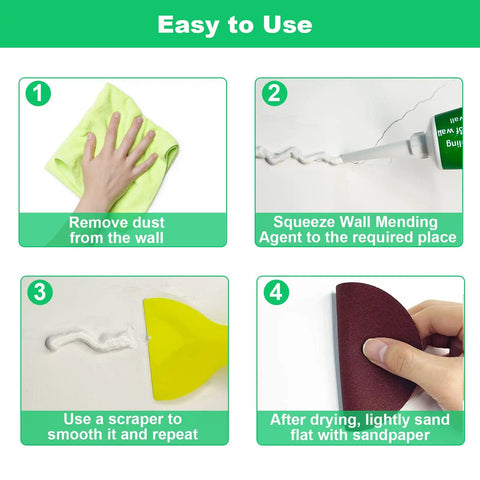 Four-step guide to using Drywall Repair Kit With Paste And Scraper for fast wall patch and easy hole fill, home repair made simple.