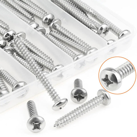 Top Shelf Size 12 Phillips Pan Head Wood Screws, Heavy Duty 304 Stainless Self Tapping Assortment Kit, showing smooth drive variants.