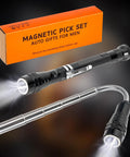 Package and components of Extendable Magnetic Flashlight With Telescoping Magnet Pickup Tool Trio For Auto Repair And Diy Cool Reach Tools For Hard To Reach Spots Home Projects Mechanics And Valentines Day Gifts For Him