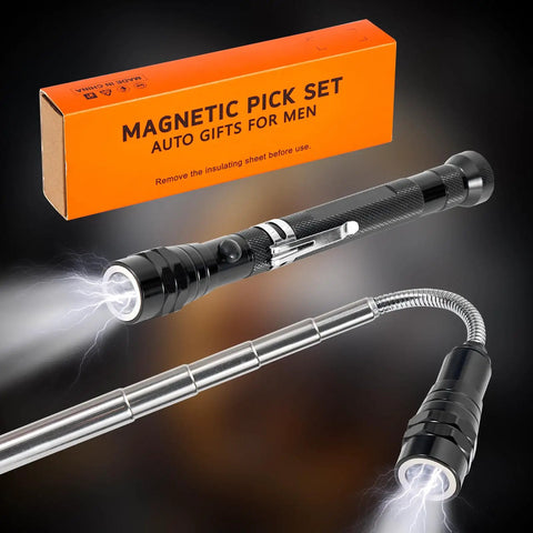 Package and components of Extendable Magnetic Flashlight With Telescoping Magnet Pickup Tool Trio For Auto Repair And Diy Cool Reach Tools For Hard To Reach Spots Home Projects Mechanics And Valentines Day Gifts For Him