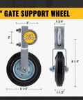 Gate Support Wheel For Metal Tube Gates Six Inch Heavy Duty Farm Caster For Swing Chain Link Fence Frames One Five Eighths To Two Inches Fits Keeps Gate From Sagging And Makes Opening And Closing Smooth, dimensions shown, side and front view