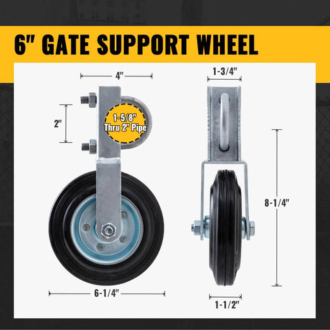 Gate Support Wheel For Metal Tube Gates Six Inch Heavy Duty Farm Caster For Swing Chain Link Fence Frames One Five Eighths To Two Inches Fits Keeps Gate From Sagging And Makes Opening And Closing Smooth, dimensions shown, side and front view