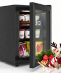 3.0 Cu Ft Upright Freezer With Clear Glass Door Sleek Black Cabinet displaying ice cream and snacks for compact apartments.
