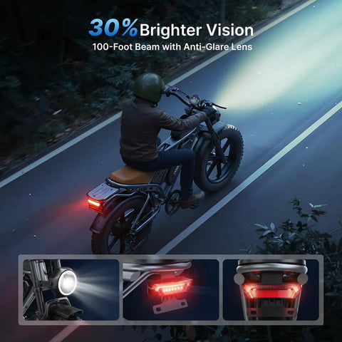 Beast Mode High Torque Electric Bike For Adults With 2000W Peak Motor And 28 MPH Top Speed, rider at night on road