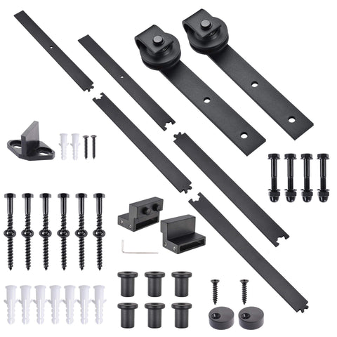 6.6 Ft Sliding Barn Door Hardware Kit For Heavy Duty Closet And Cabinet Doors, Hanger Track Rail Roller System parts displayed