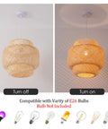 Handwoven Bamboo Pendant Light For Boho Farmhouse Vibe in wicker rattan, 15.75 inch hanging lamp on and off.