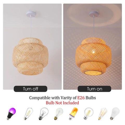 Handwoven Bamboo Pendant Light For Boho Farmhouse Vibe in wicker rattan, 15.75 inch hanging lamp on and off.