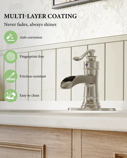 Waterfall Bathroom Faucet In Brushed Nickel Finish Dope Farmhouse Style Vanity Sink Tap With Deck Plate shown in cozy bathroom setting