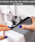 Sewing machine stitching one inch by sixteen foot hook and loop straps with twenty five metal buckles, nylon fabric.