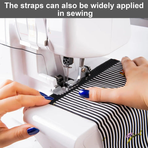 Sewing machine stitching one inch by sixteen foot hook and loop straps with twenty five metal buckles, nylon fabric.