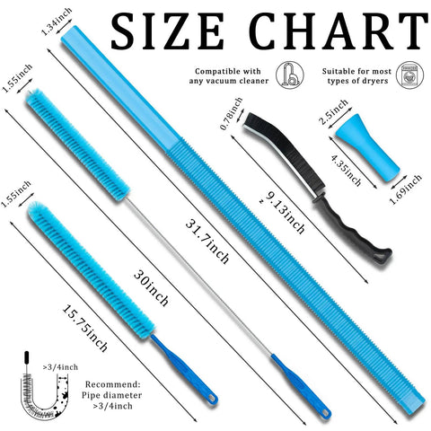Dryer Vent Cleaner Kit With Universal Vacuum Hose Attachment 31 Inch Long Half Inch Diameter 4 In 1 Lint Remover Brush Blue