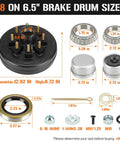Front view hub drum brake kit: 8 on 6.5" bolt circle with dual 12x2" electric brakes, bearings, seals, cotter pin.