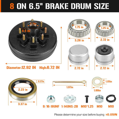 Front view hub drum brake kit: 8 on 6.5" bolt circle with dual 12x2" electric brakes, bearings, seals, cotter pin.