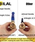Comparison of Brass Rain Barrel Spigot With Three Quarter Inch GHT Male Thread Quarter Turn Ball Valve And Bulkhead Fitting Garden Hose Thread Connection Kit for flow and handle size