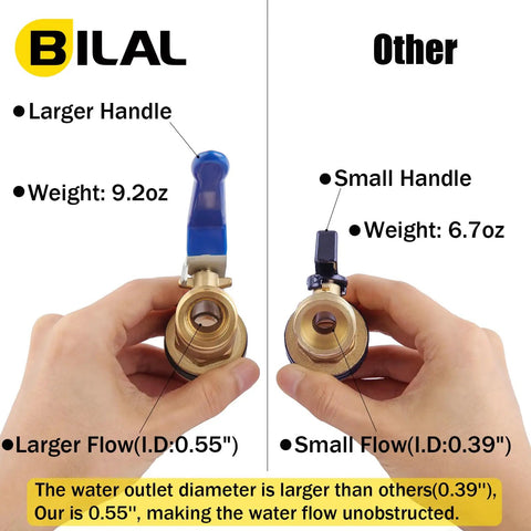 Comparison of Brass Rain Barrel Spigot With Three Quarter Inch GHT Male Thread Quarter Turn Ball Valve And Bulkhead Fitting Garden Hose Thread Connection Kit for flow and handle size