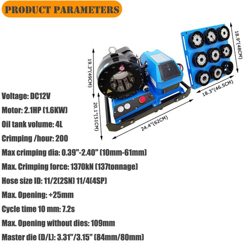 Beat The Clock With This Heavy Duty Portable Hydraulic Hose Crimper Tackling 0.39 To 2.4 Inch Rubber Lines with eight dies.
