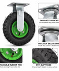 10 Inch Heavy Duty Pneumatic Casters Set Of 4 With Silky Smooth Air Rubber Tires For Industrial Utility Use And Heavy Freight Equipment showcasing a galvanized bracket and inflatable rubber tire.