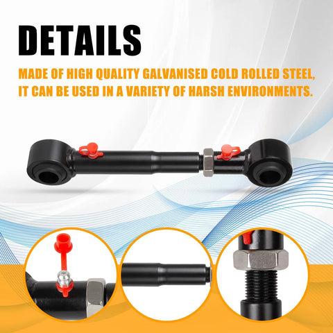 Adjustable Front Sway Bar Quick Disconnects for Jeep TJ/XJ, front view, black steel with red pins, 2 pcs