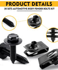 Knockout Quality 60 Piece 1/4 Inch U Nut Clips And Hex Head Auto Body Bolt Kit With Rust Proof Black Phosphate Protective Finish For Seamless Fender Installation close-up of bolts and clips in 30 sets.