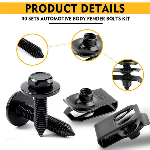 Knockout Quality 60 Piece 1/4 Inch U Nut Clips And Hex Head Auto Body Bolt Kit With Rust Proof Black Phosphate Protective Finish For Seamless Fender Installation close-up of bolts and clips in 30 sets.