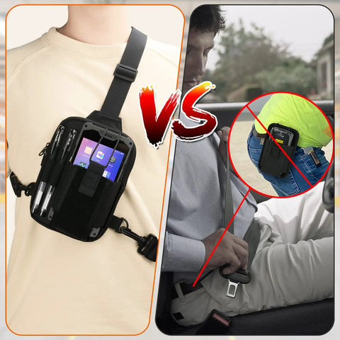 Universal Chest Harness With Easy Access Carry Pouch Fits Symbol Zebra USPS And Other Postal Scanners in use on torso vs belt clip