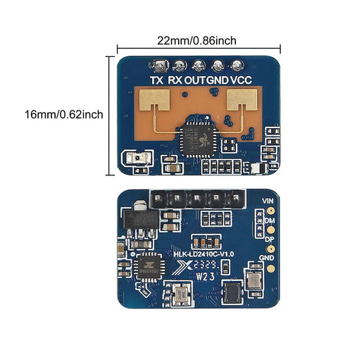 Two Pack Dope 24GHz Human Presence Radar Sensor Module LD2410C PCB front and back view with size dimensions