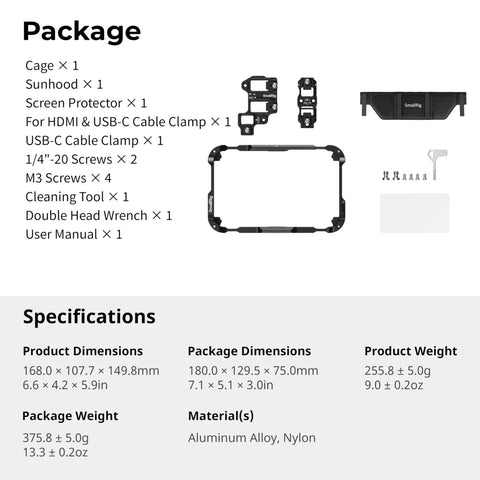Package contents of Monitor Cage Kit For Atomos Ninja TX And TX GO with clamps, sun hood, screen protector, tools, and manual.