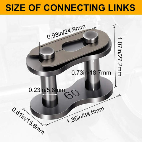 Close-up of 5 Pack 60 Roller Chain Connecting Links Beefy Master Connector Link dimensions for ANSI 60 Chains, carbon steel.