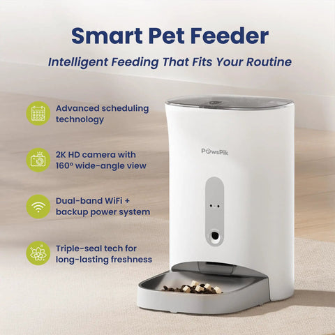 Super Slick Automatic Smart Pet Feeder With Crisp 2K Hd Camera And Nifty Smartphone App And 19 Cup Dry Kibble Dispenser For Cats And Dogs Keeping Them Fed On Autopilot With Voice Messages And Stress Free Scheduling, displaying white design with control panel and kibble tray.