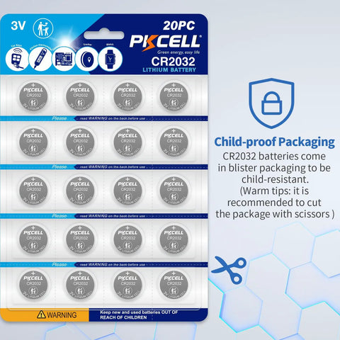 Top Shelf CR2032 Lithium 3V Coin Cell Batteries 20 Pack in child-proof blister packaging for safe use.