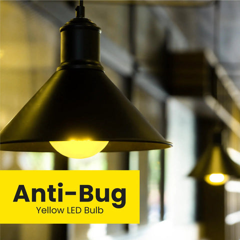 A19 Outdoor Bug Light LED Bulb, 60 Watt Equivalent, Non-Dimmable, E26 Base, emitting yellow light in a fixture