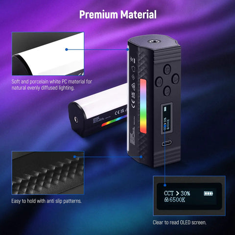 Magnetic Handheld RGB Light Wand With 360 Degree Color featuring OLED screen and premium diffused lighting material.