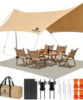 14.5x11 Feet Camping Tarp With Poles And Retainer PU9000Mm Waterproof 210D Oxford Cloth Canopy Shelter illustrated with setup