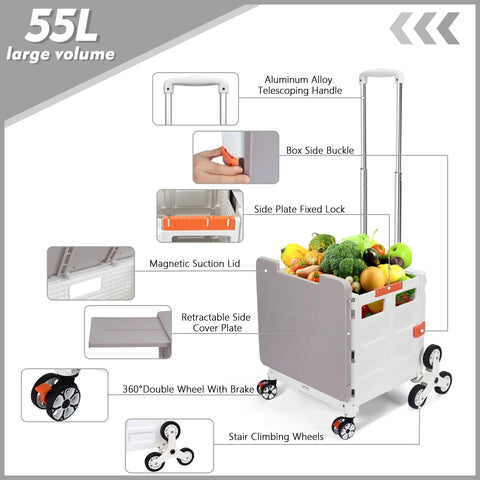 Foldable Utility Cart With Stair Climbing Wheels, Collapsible Rolling Crate With Magnetic Lid And Telescoping Handle, holding groceries
