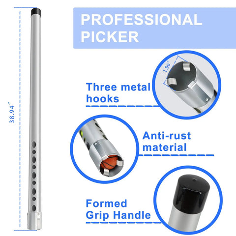 39 Inch Aluminum Golf Ball Picker Tool With Quick Tube Release showing three metal hooks, anti-rust material, and grip handle.