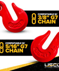 4 Pack Lever Style Chain Binders For 5/16 Inch Grade 70 And 3/8 Inch Grade 43 Chains, 5,400 Lbs Working Load, showcasing red hooks