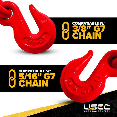 4 Pack Lever Style Chain Binders For 5/16 Inch Grade 70 And 3/8 Inch Grade 43 Chains, 5,400 Lbs Working Load, showcasing red hooks