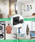 Heavy Duty Stainless Steel Towel Hooks Wall Mounted Square Robe Hooks for Bathroom Kitchen Bedroom and Hotel Matte Black 2 Pack shown in use