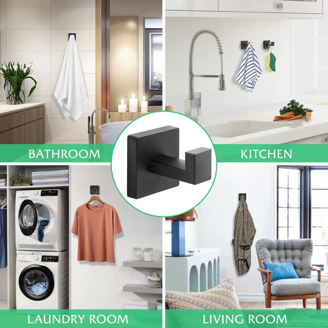 Heavy Duty Stainless Steel Towel Hooks Wall Mounted Square Robe Hooks for Bathroom Kitchen Bedroom and Hotel Matte Black 2 Pack shown in use