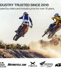 Two motocross riders jumping over a dirt hill, highlighting Moto Pro Motorcycle Ear Plugs For Wind Noise Reduction With High Fidelity Filter.